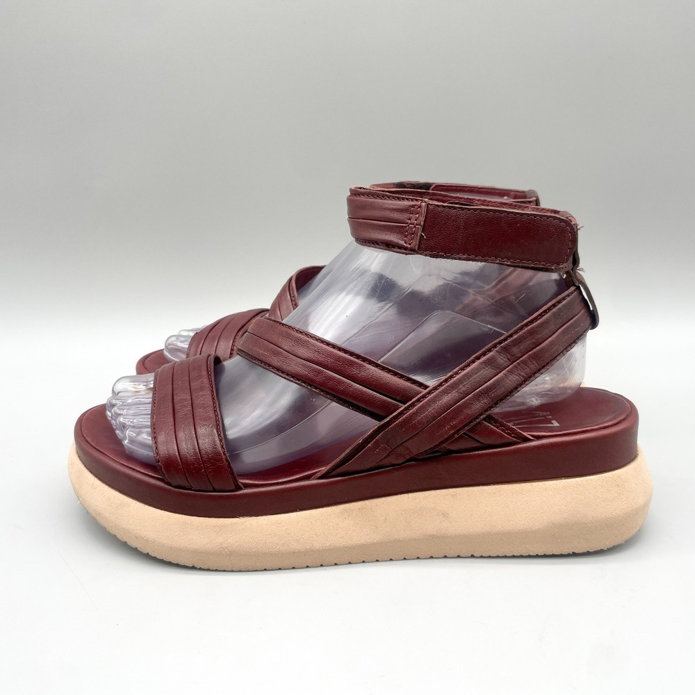 Miz Mooz Womens 38 Strappy Platform Sandals Burgundy Leather Wedge Chunky Boho - Picture 4 of 11